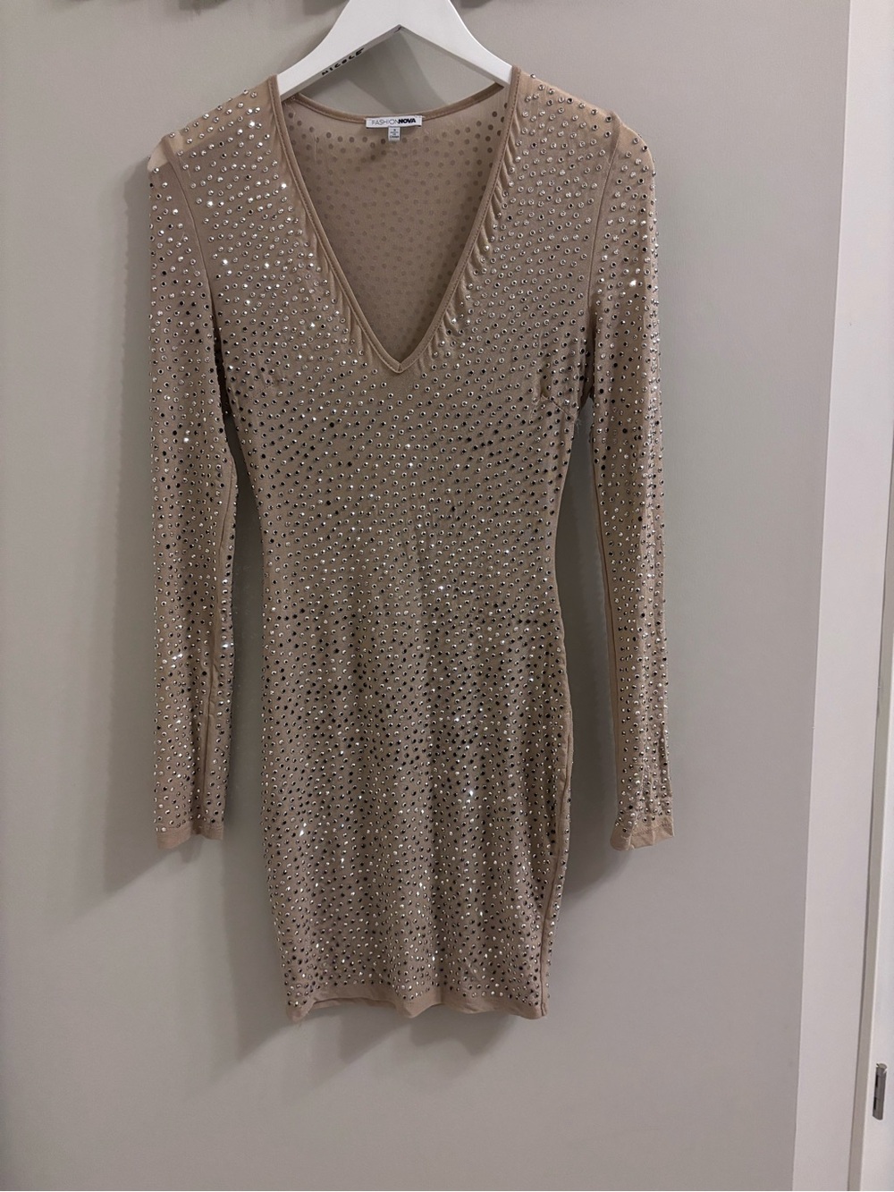 Express Nude Beaded V-Neck Mini Dress